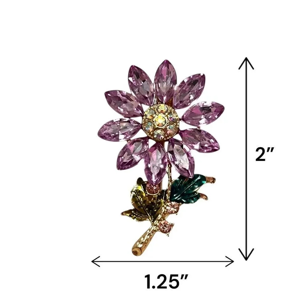 Rhinestone Lavender Sunflower Gold Tone Brooch
